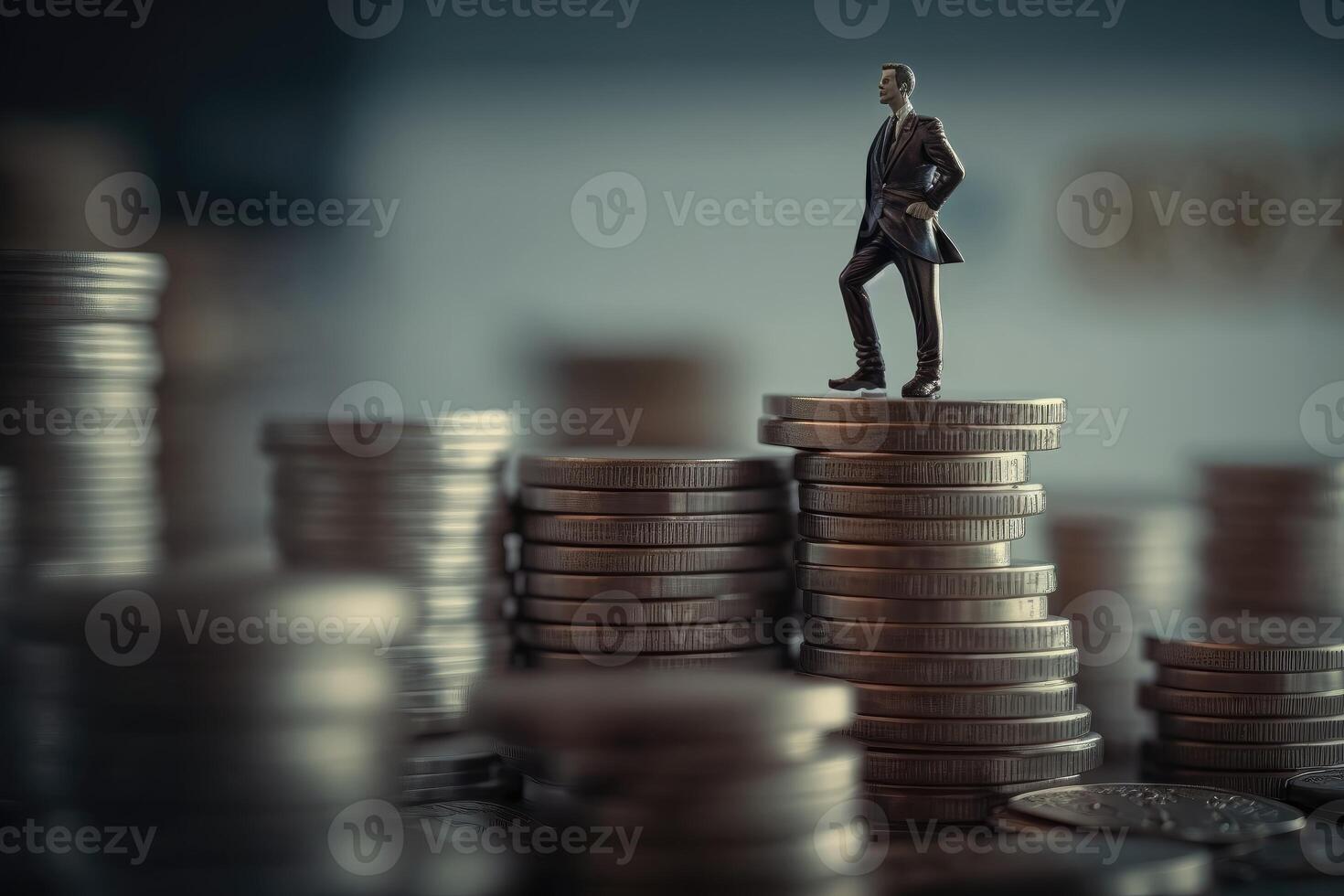 Business man figurine on top of coins pyramid, money coins background. photo