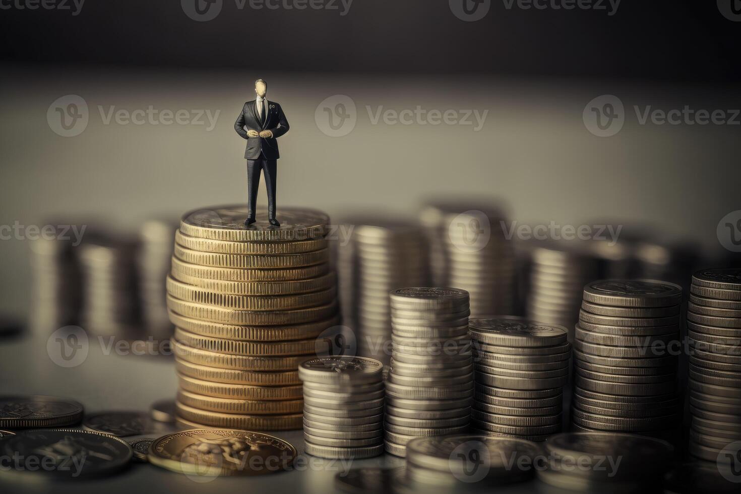 Business man figurine on top of coins pyramid, money coins background. photo