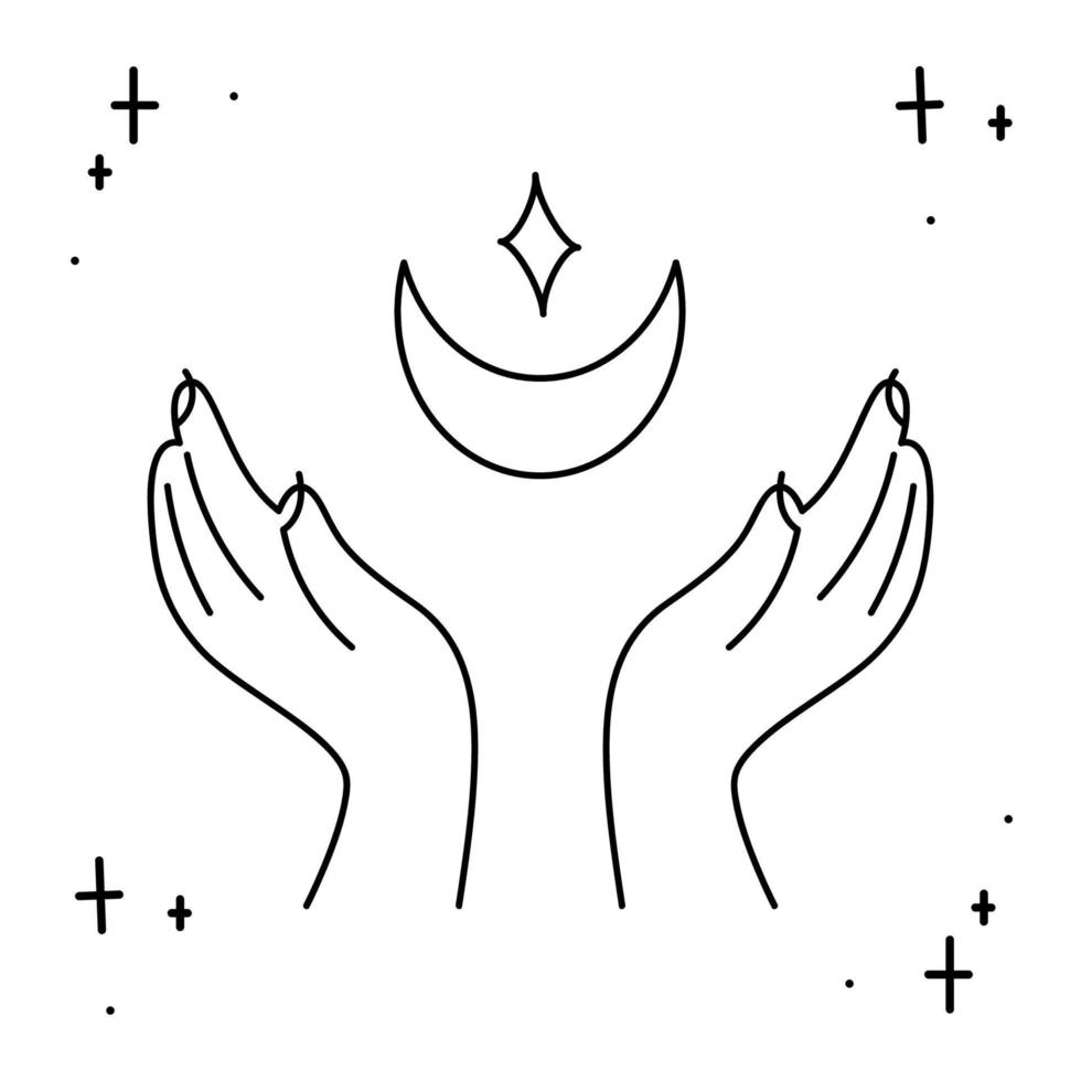 The palms of the hands are open towards the crescent and the star. Doodle vector illustration, clipart.