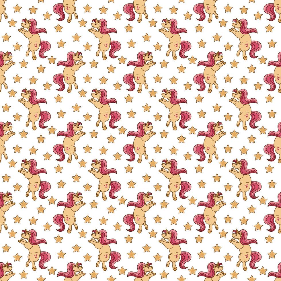 Seamless pattern with cute unicorn character and stars. Cartoon flat color vector illustration.