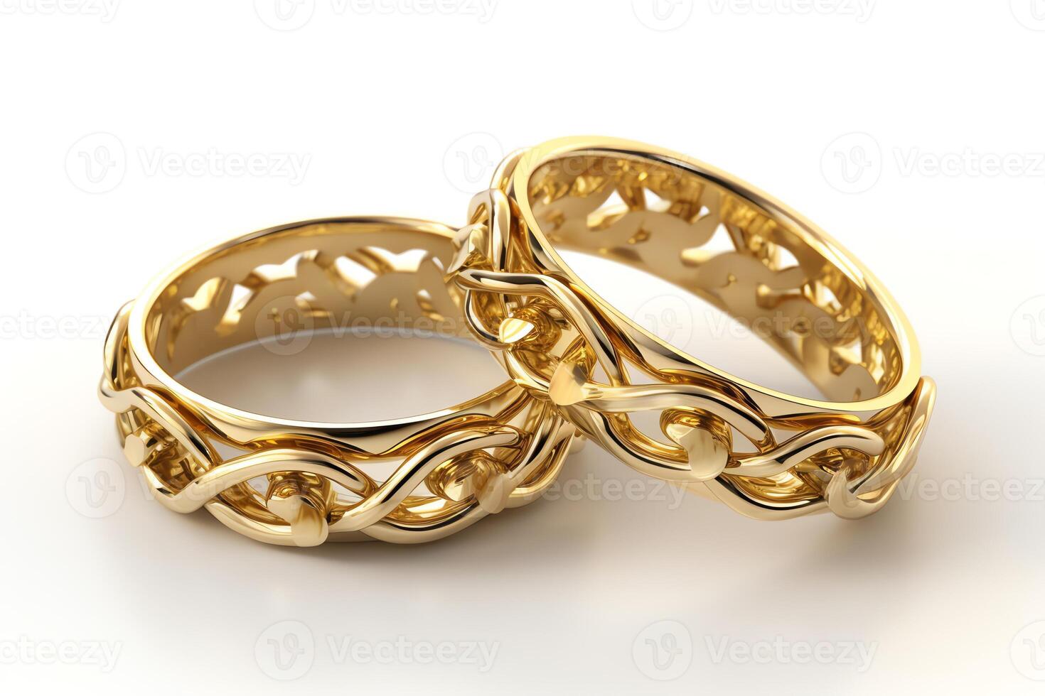 2 oro Boda anillos vinculado me gusta cadenas en 3d representación en un blanco antecedentes ai generado foto