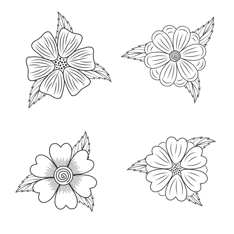 Hand drawn doodle flowers, Botanical Floral tropical branches doodle floral symbol, floral wreath, freehand daisy flower, design elements floral Coloring pages, and Floral vector illustration