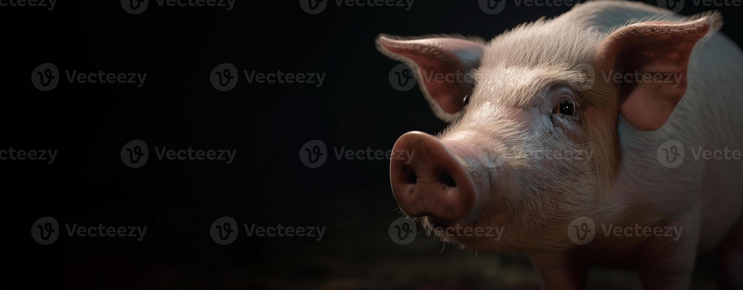 Domestic farm pig close-up on a black dark background. . photo