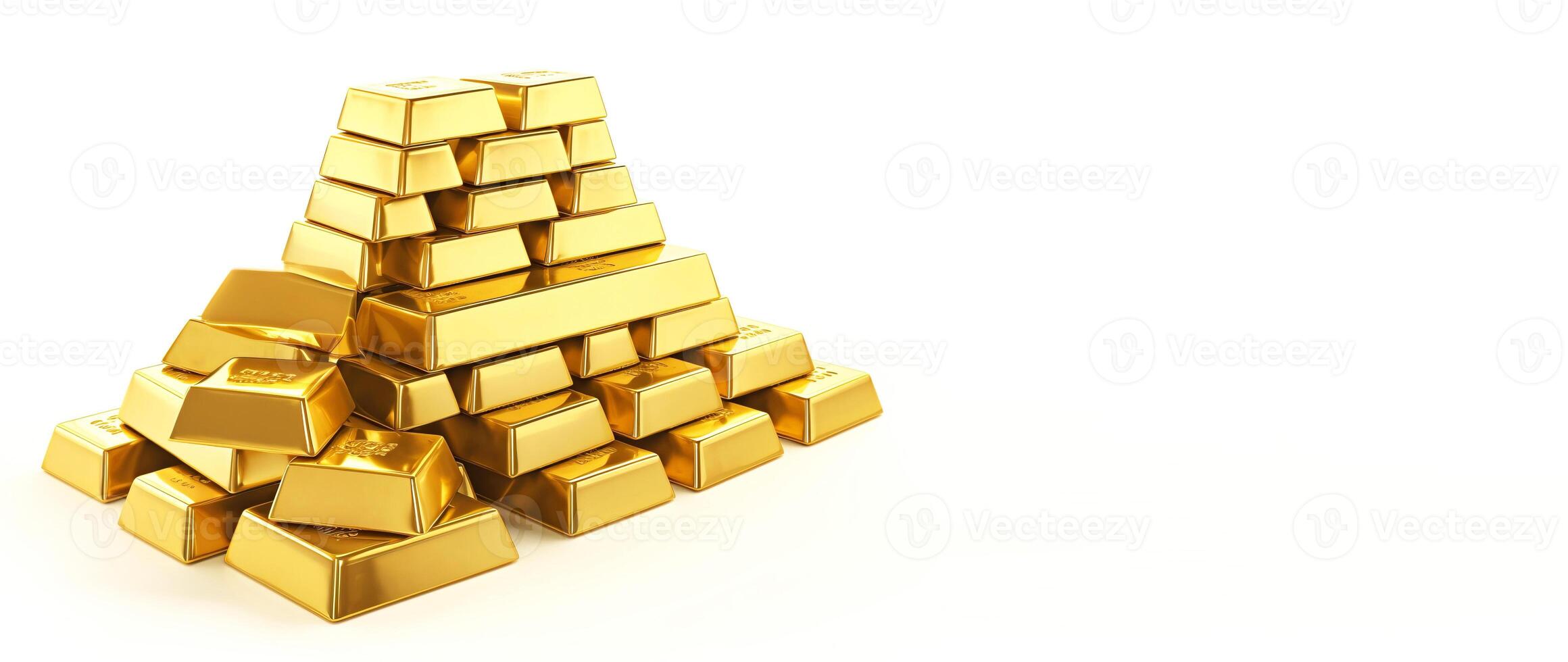 Gold bars stacked in a pyramid on a white background. Header banner mockup with space. . photo
