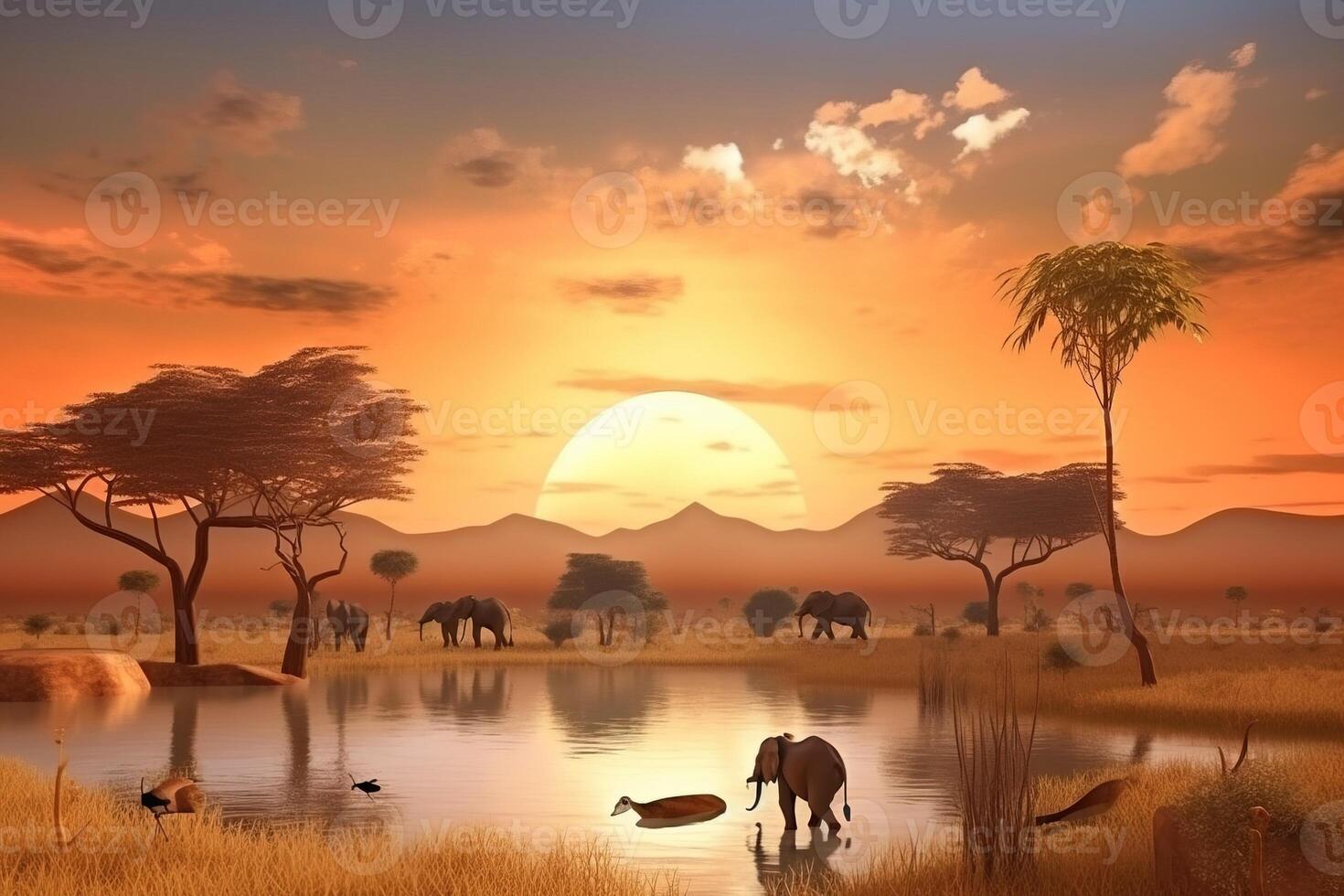 Nature in Africa day, landscape against the backdrop of the rising sun. Wild animals in the thickets. AI generated. photo
