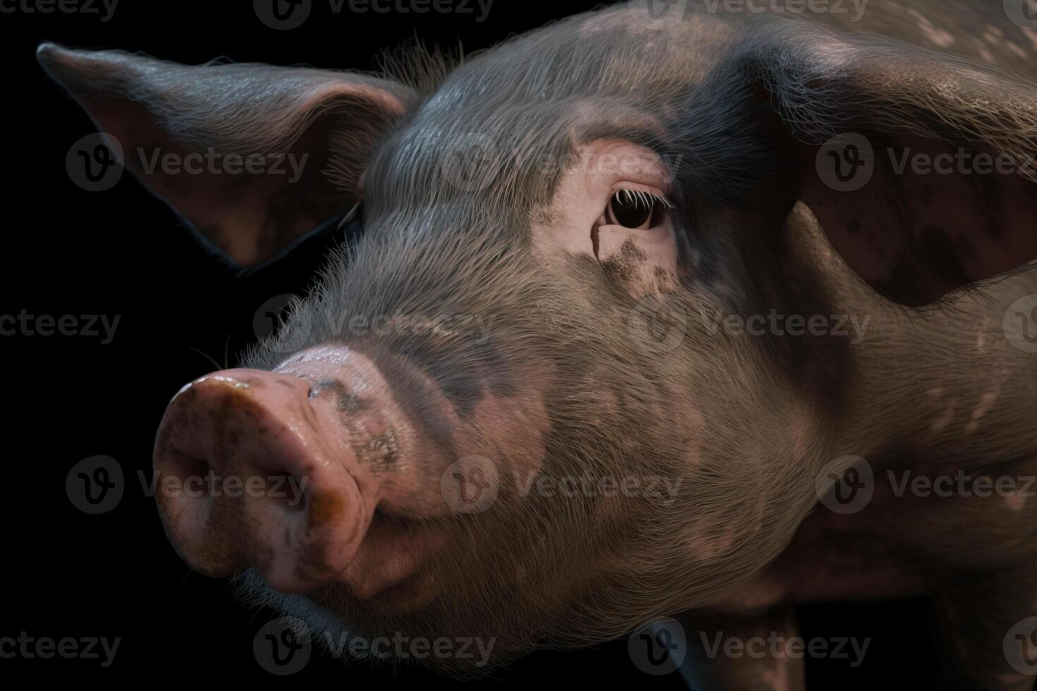 Domestic farm pig close-up on a black dark background. . photo