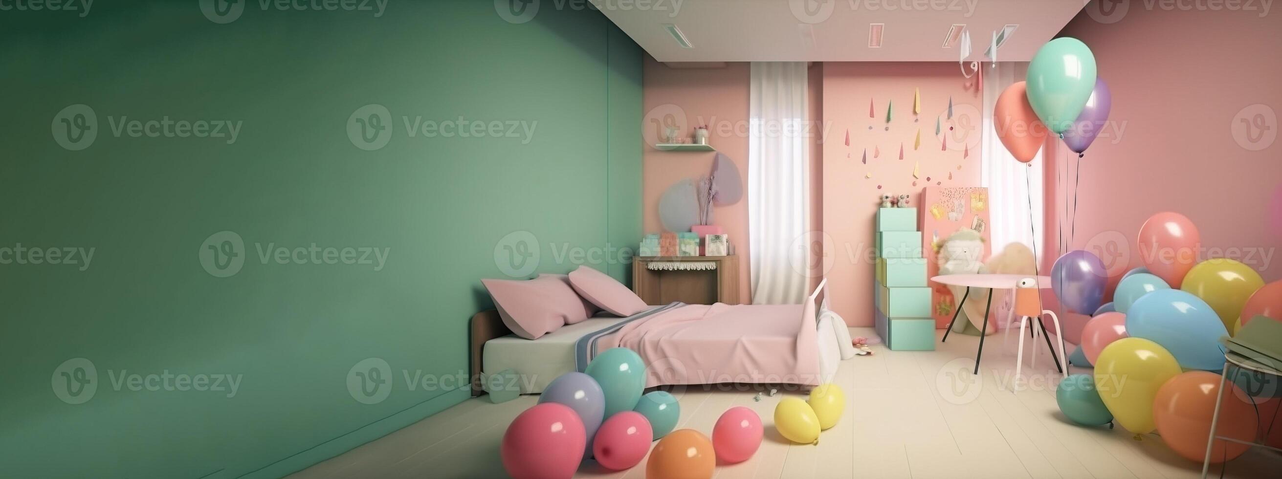 The children room is decorated for the celebration of the birthday, colorful balloons, ribbons. . photo