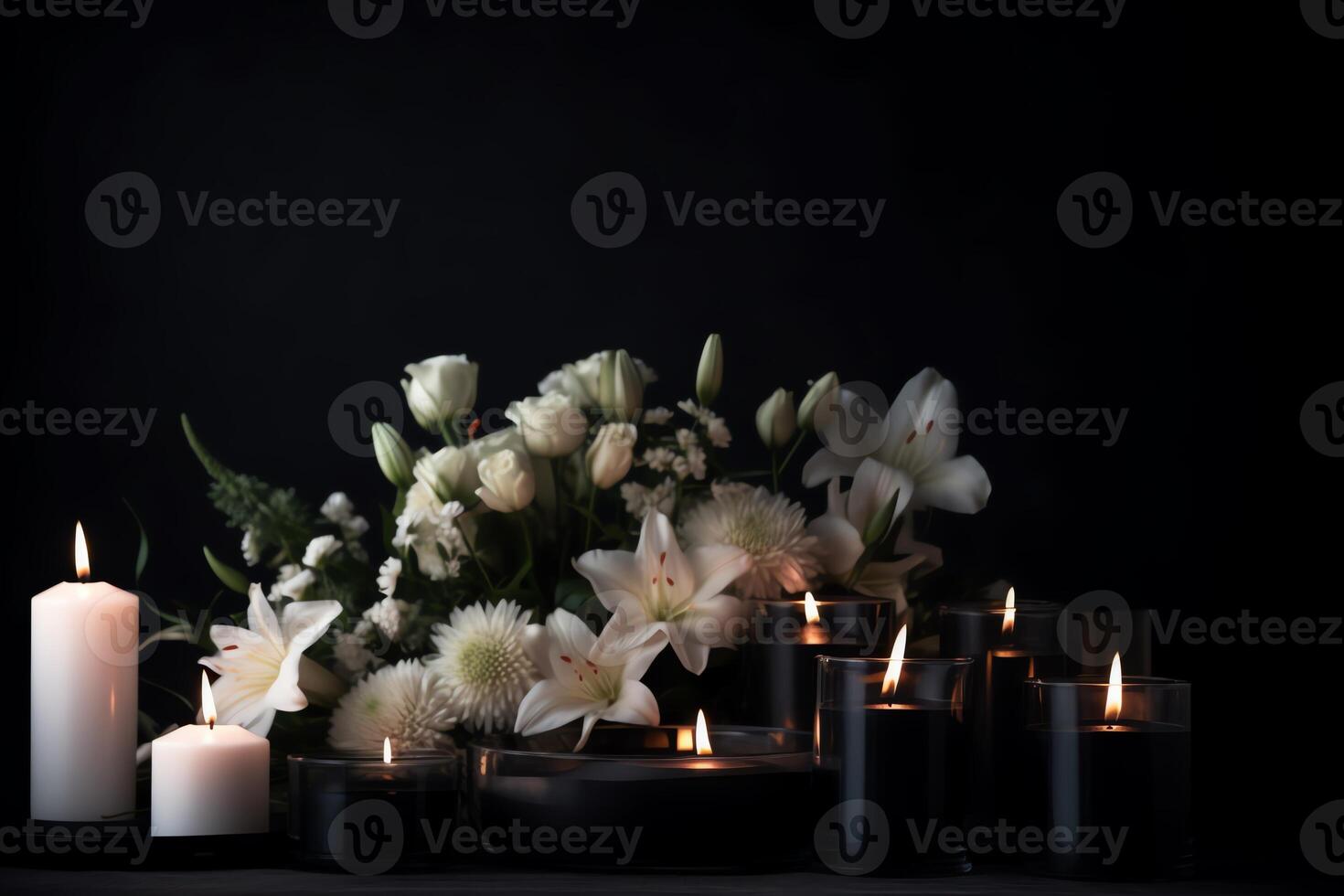 Funeral Concept With Candles Flowers Black Background And Text Space photo