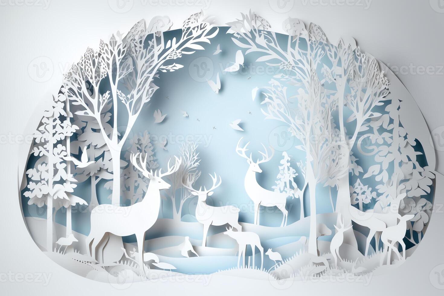 Winter papercut design with snowflakes trees and reindeer on white background Christmas holiday photo