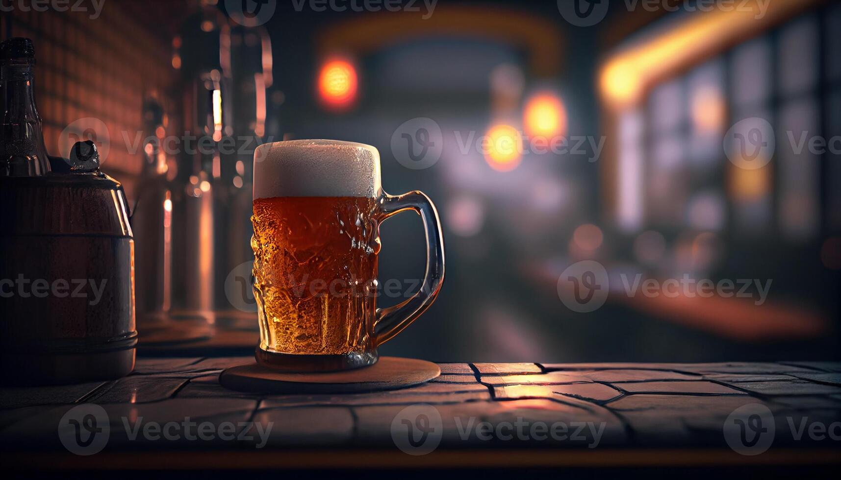 Glass mug of beer with foam in a bar, pub, brewery. Lager drink, pint, alcohol close-up. photo