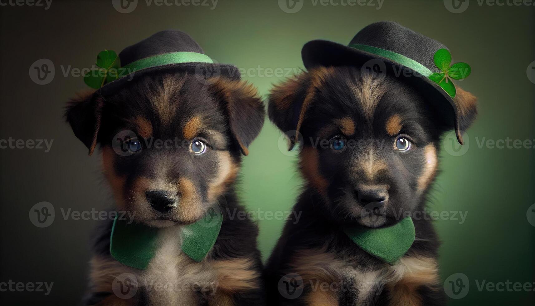 Adorable cute funny Shepherd breed puppy dogs wearing green St Patrick's Day hats. photo