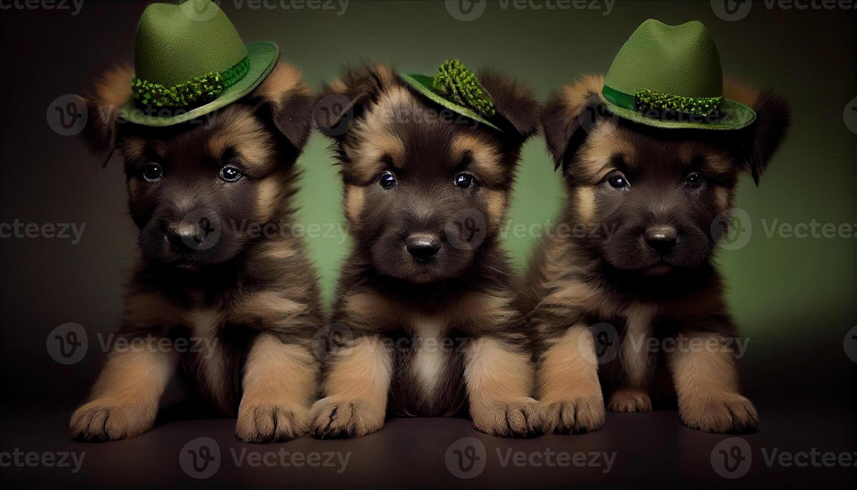Adorable cute funny Shepherd breed puppy dogs wearing green St Patrick's Day hats. photo