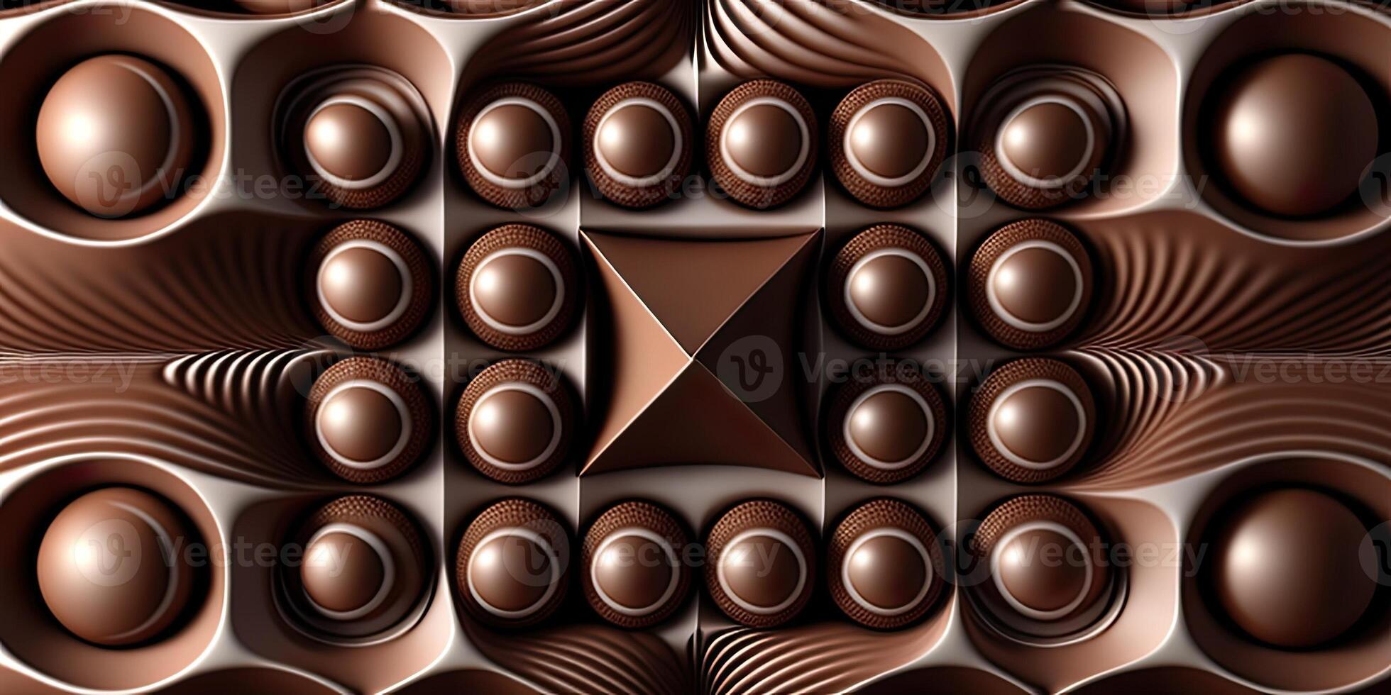 Close-up of delicious dark chocolates drops, cookie and dessert. Flat lay pattern on a brown background. Top view. photo