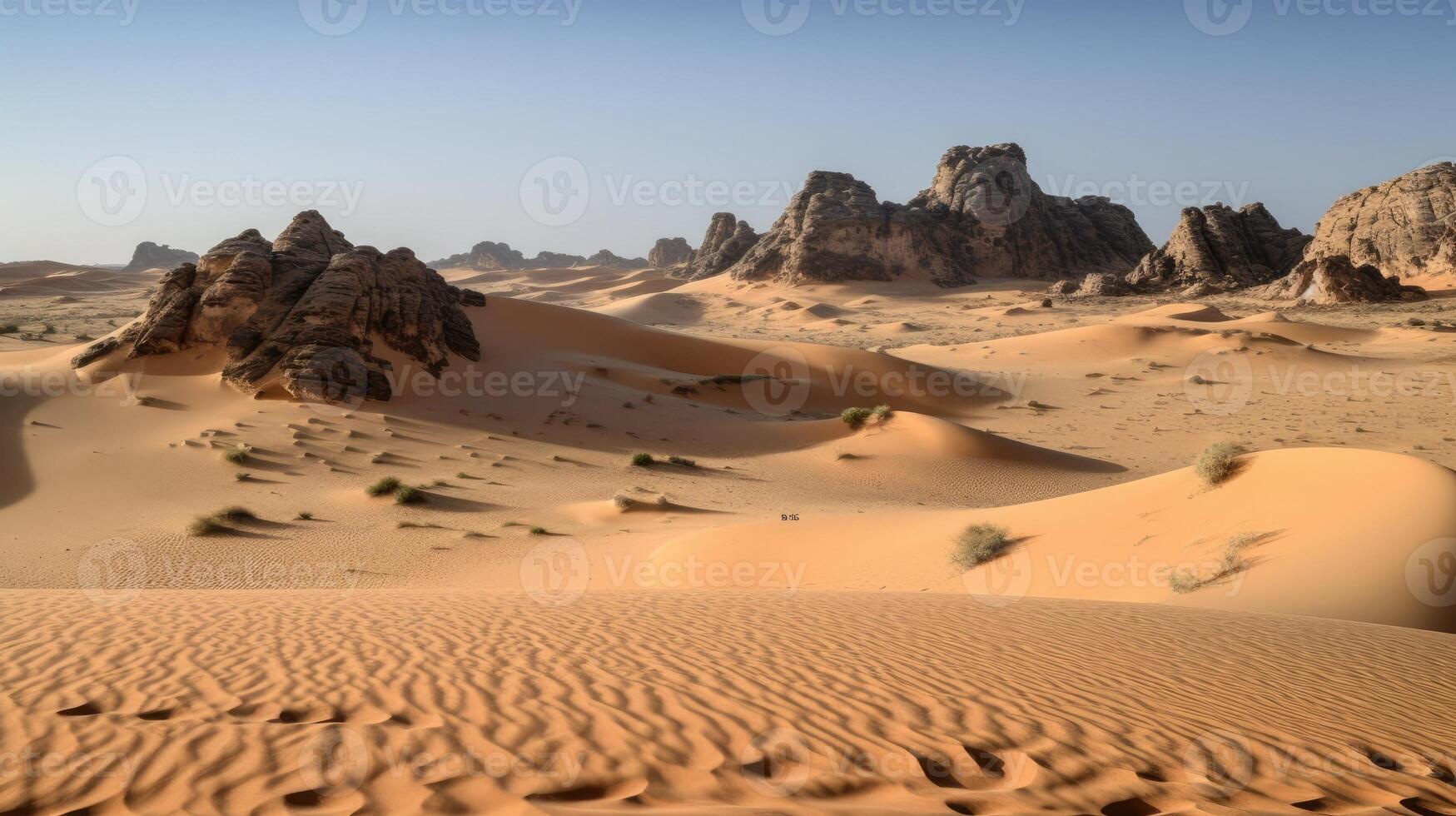 A desert with sand dunes and rock formations. photo