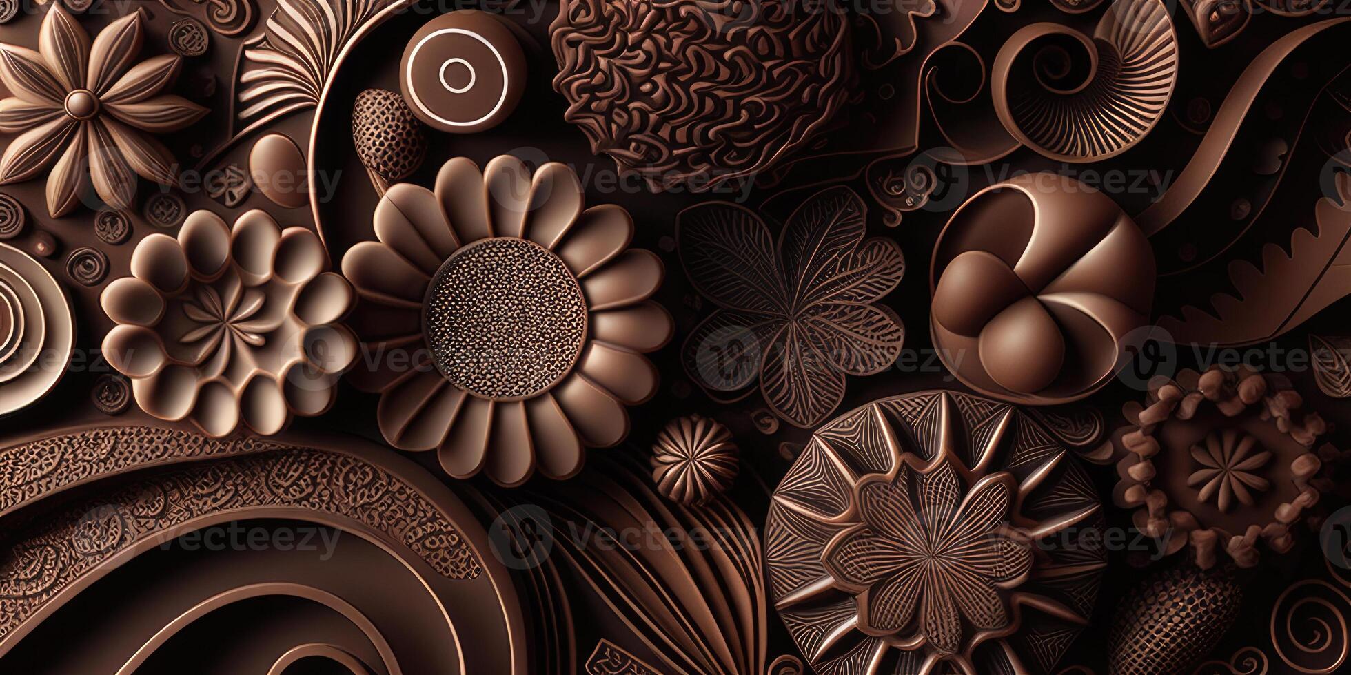 Close-up of delicious dark chocolates drops, cookie and dessert. Flat lay pattern on a brown background. Top view. photo