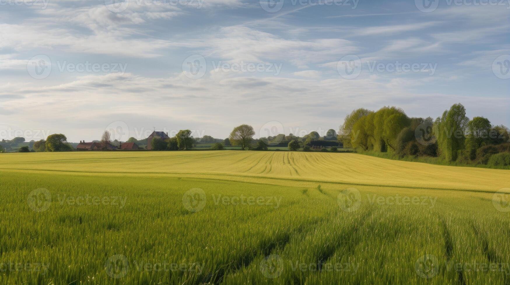 un campo con campos y tierras de cultivo generativo ai foto