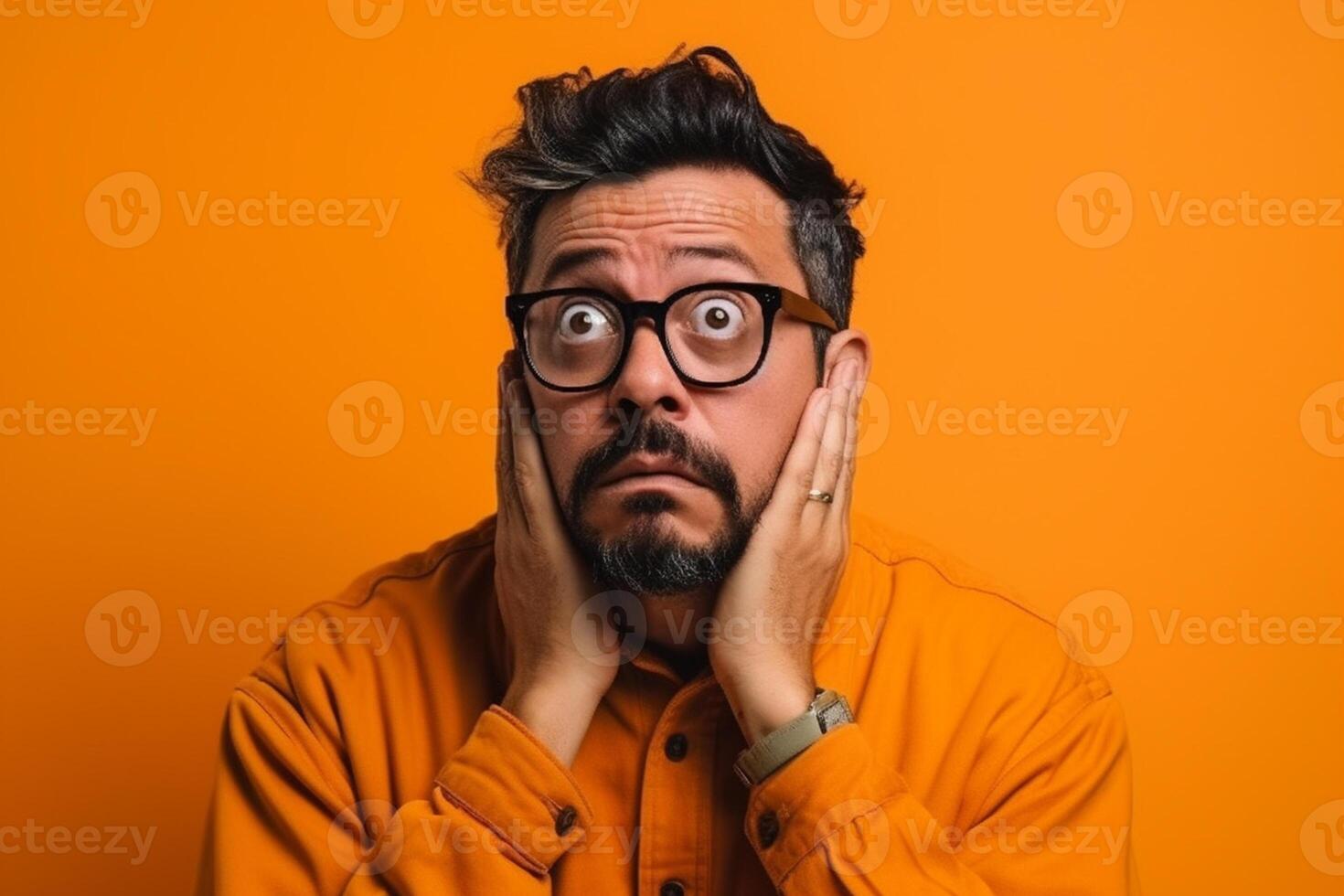 a man on solid color background photoshoot with Fear face expression photo