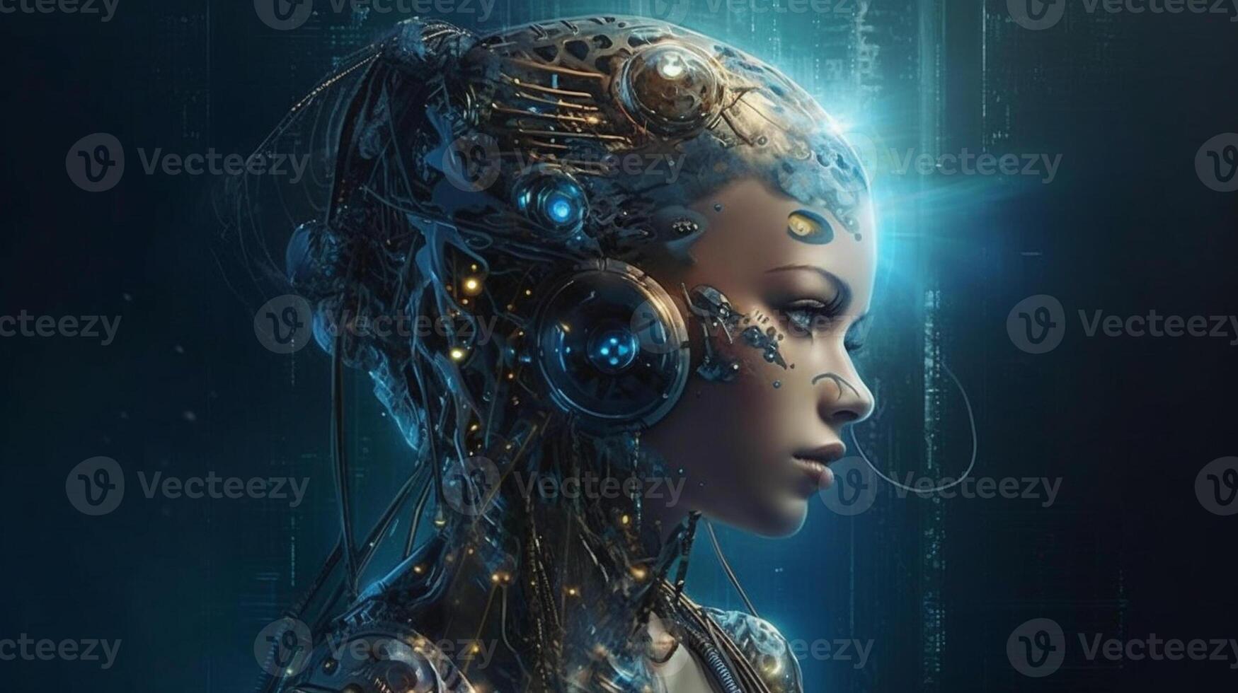 Cyborg on digital background represent artificial intelligence. photo