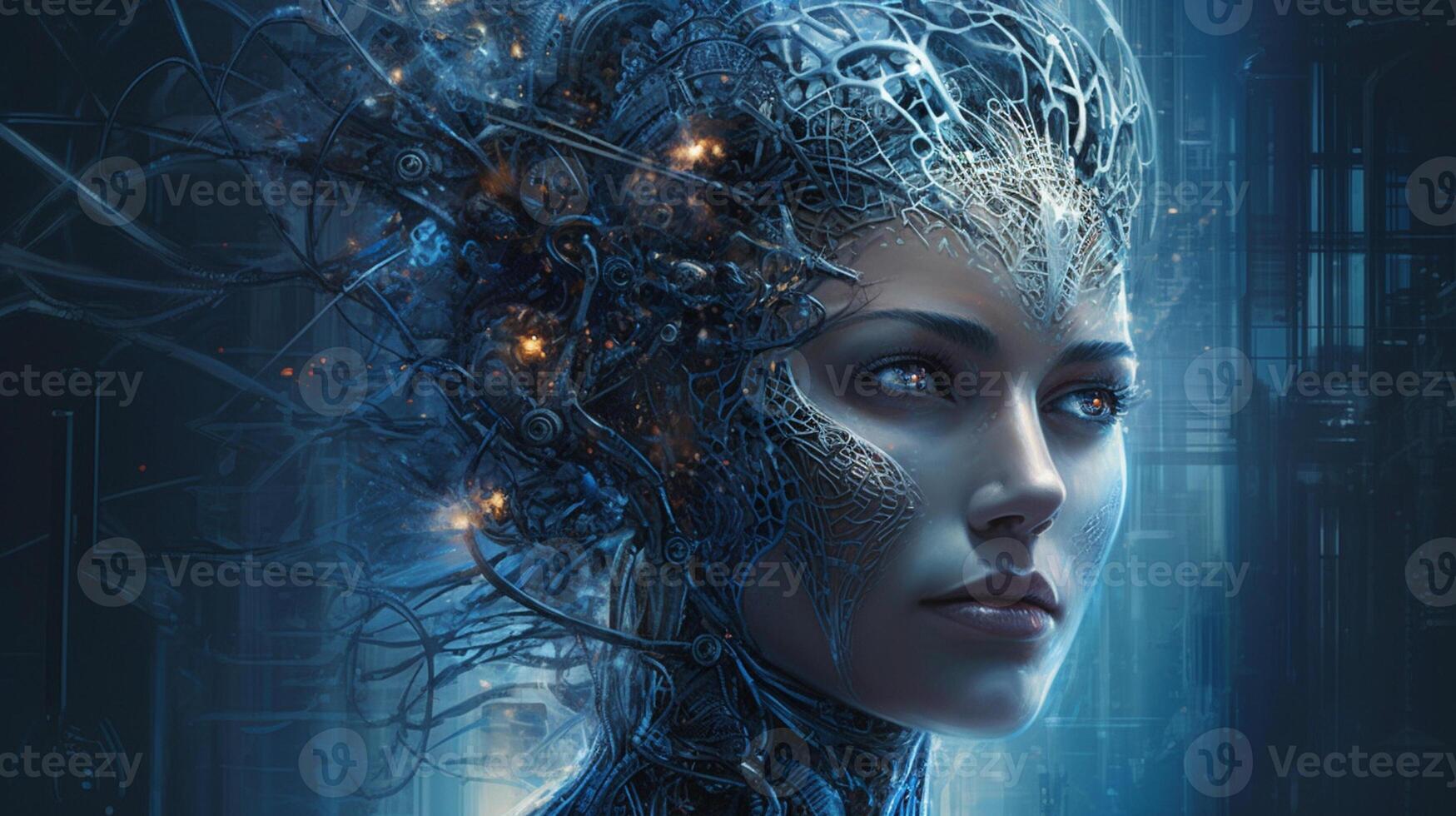 Cyborg with glowing brain. Artificial intelligence concept. photo
