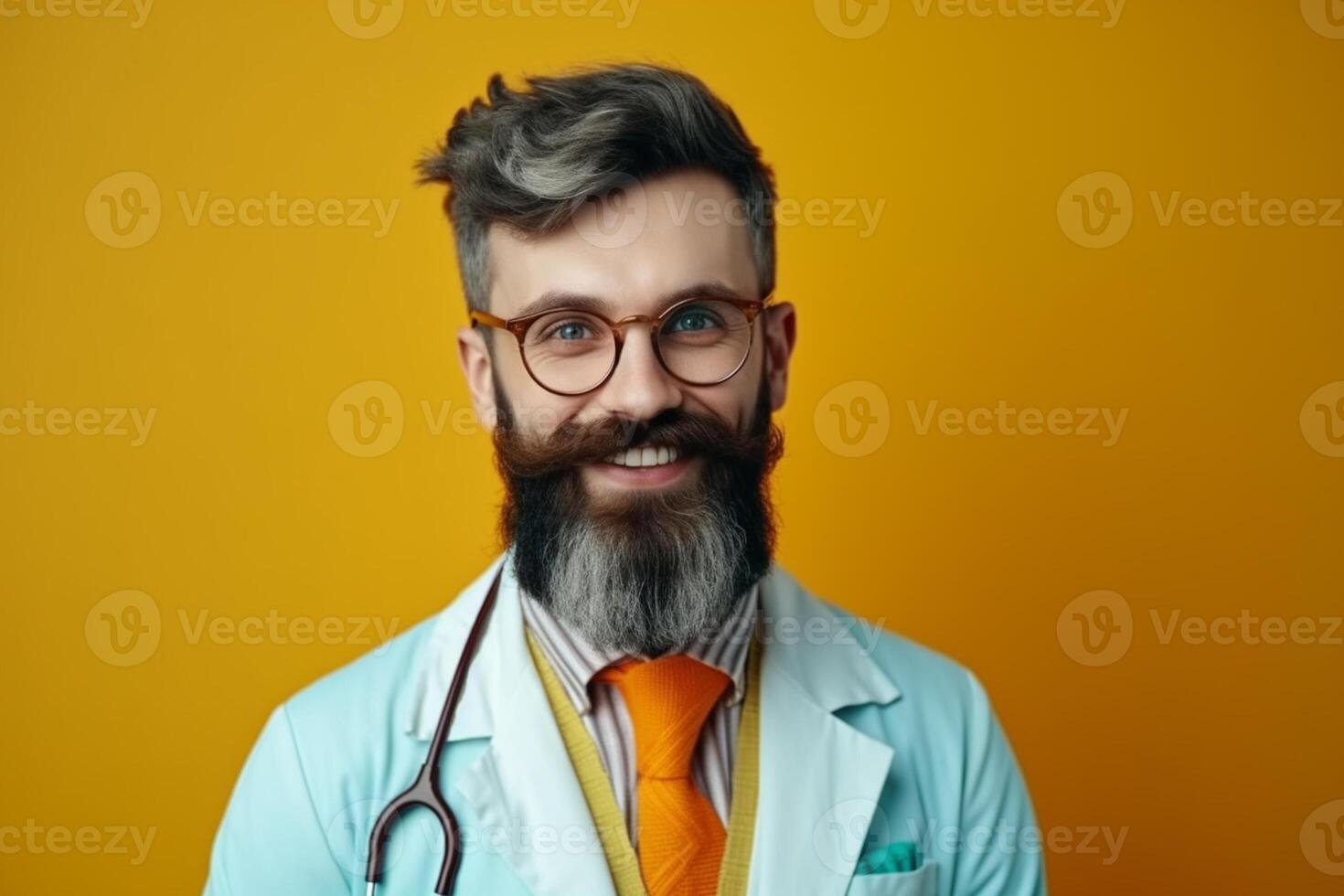 ai generativo sonriente joven masculino médico con estetoscopio en pie foto