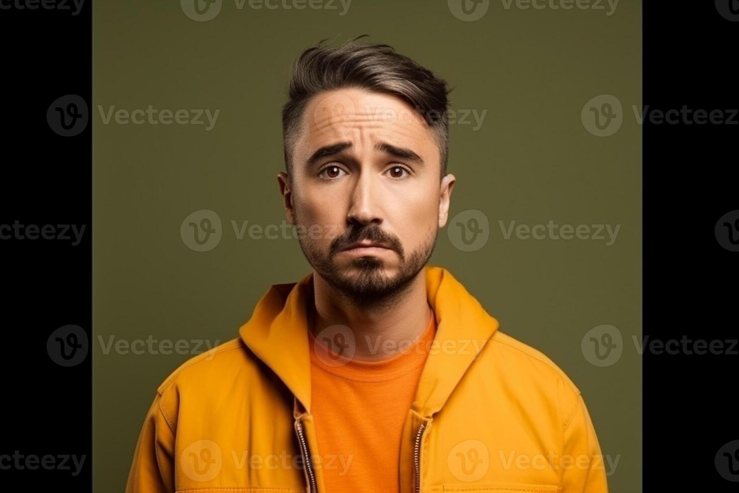 a man on solid color background photoshoot with Fear face expression photo