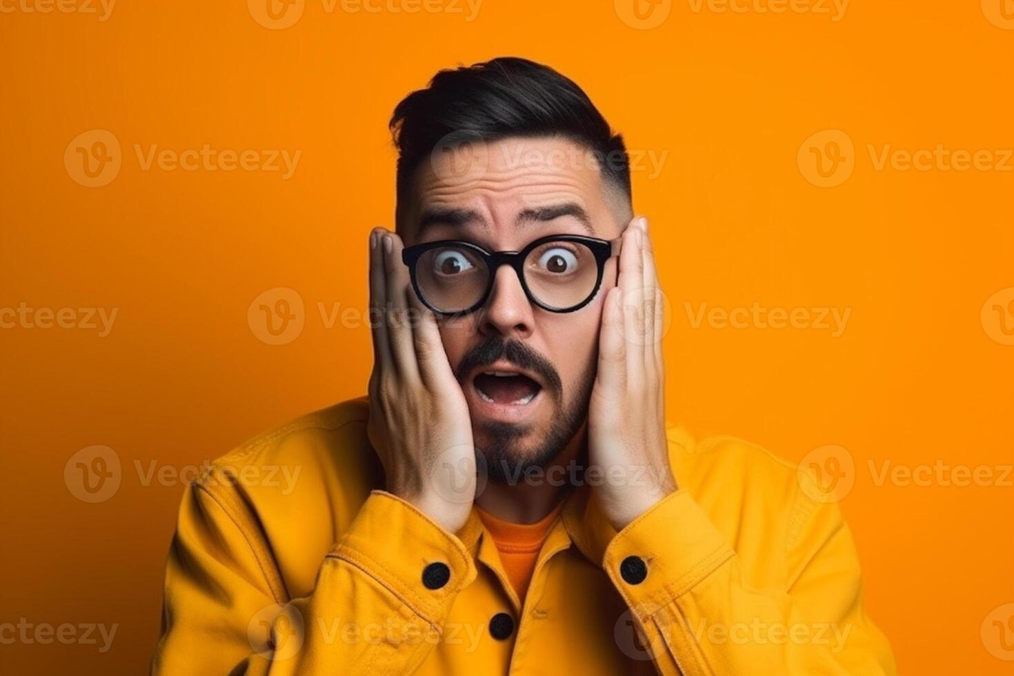 a man on solid color background photoshoot with Fear face expression photo