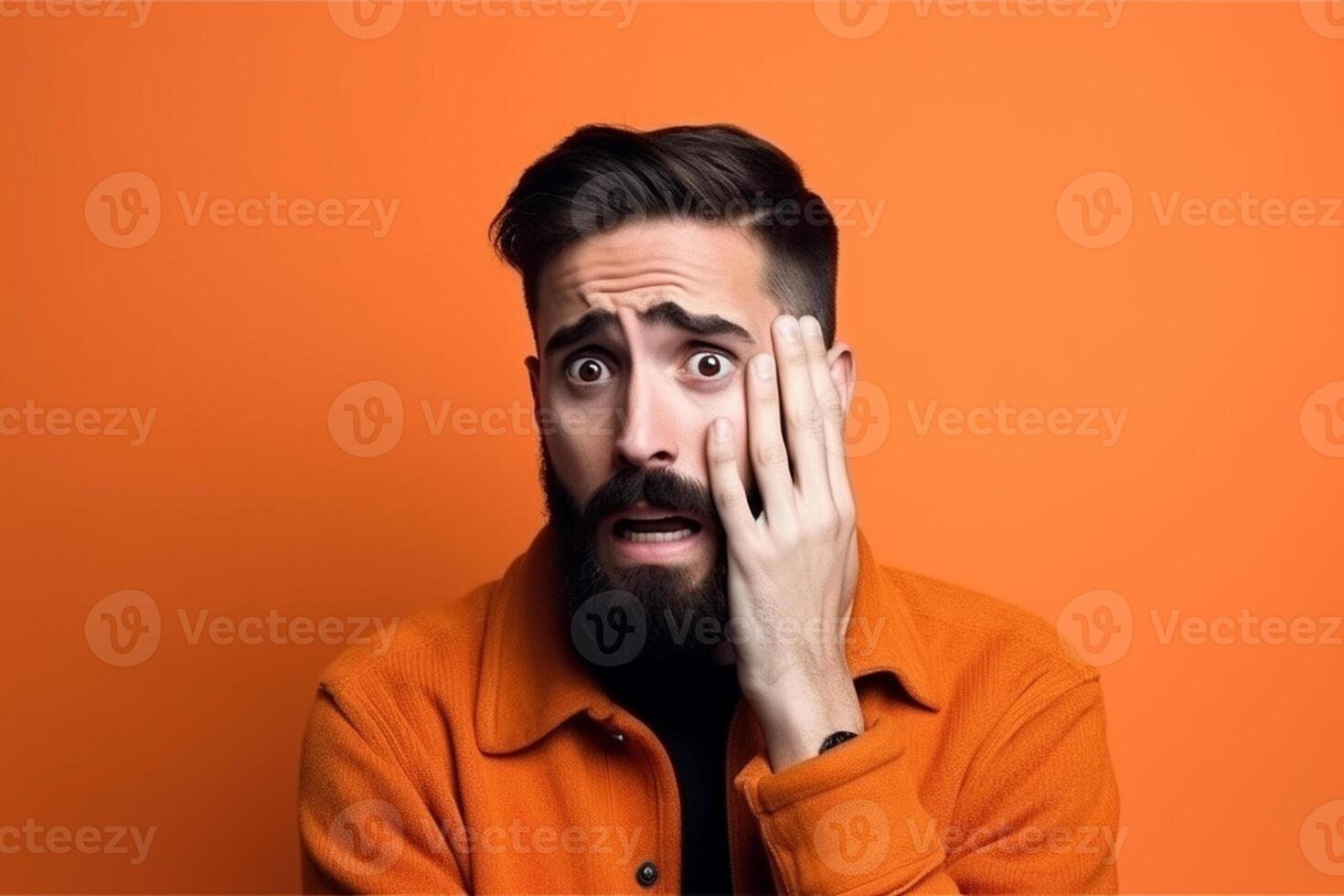 a man on solid color background photoshoot with Fear face expression photo