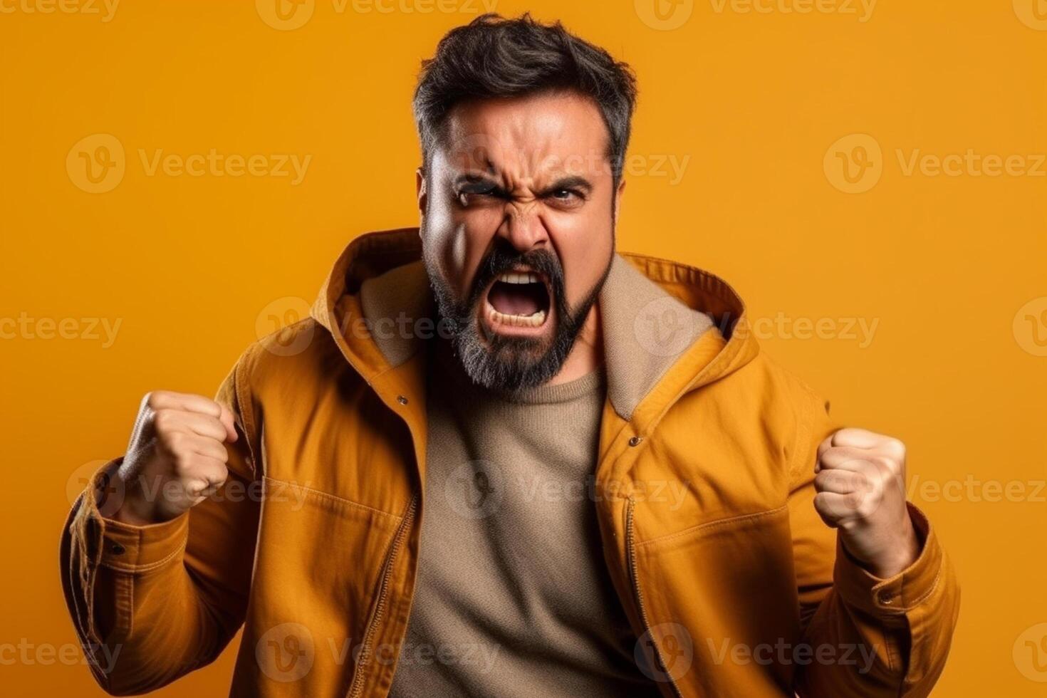 a man on solid color background photoshoot with Anger face experession photo