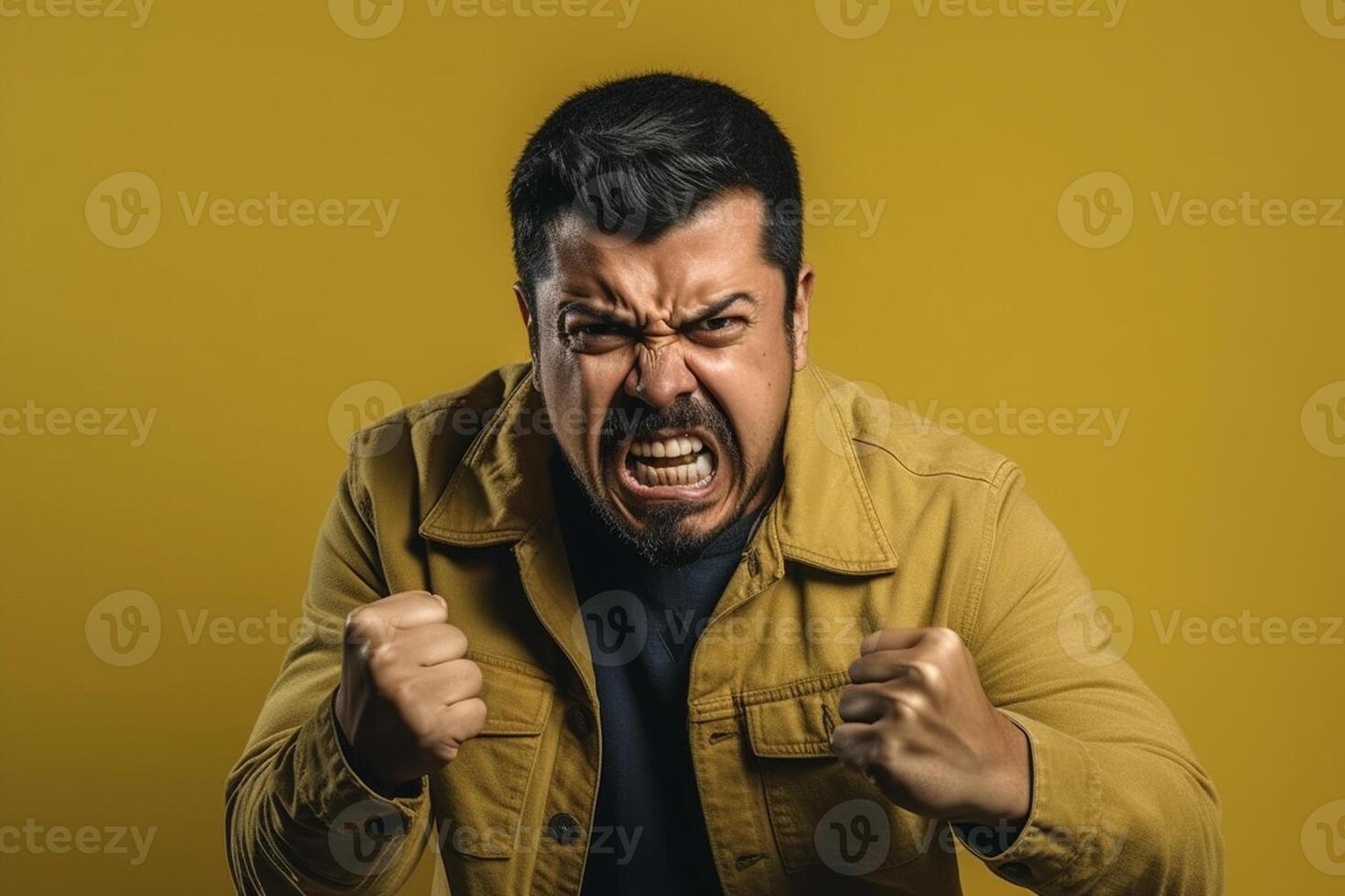 a man on solid color background photoshoot with Anger face experession photo