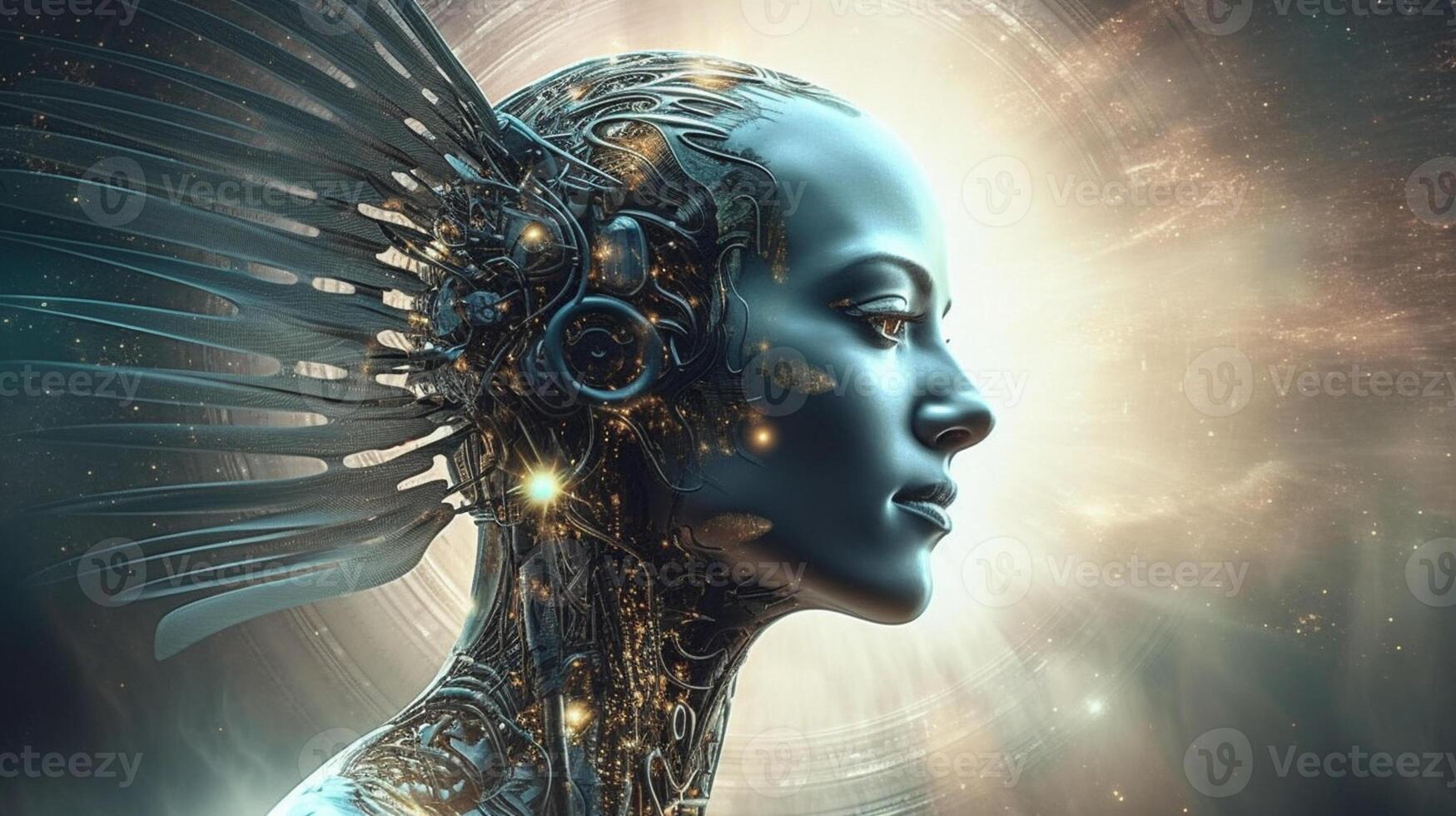 Cyborg on digital background represent artificial intelligence. photo