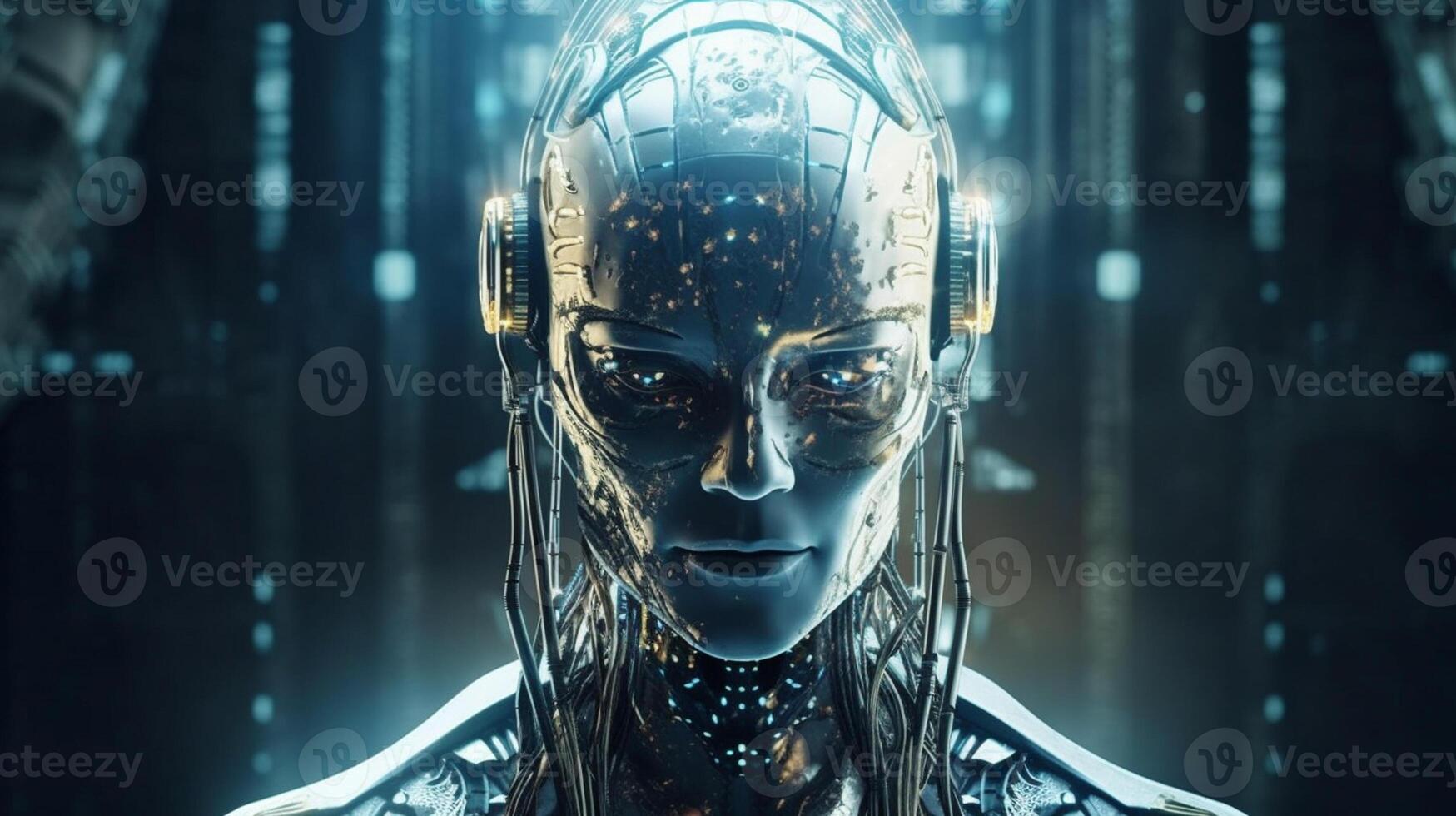 Cyborg on digital background represent artificial intelligence. photo