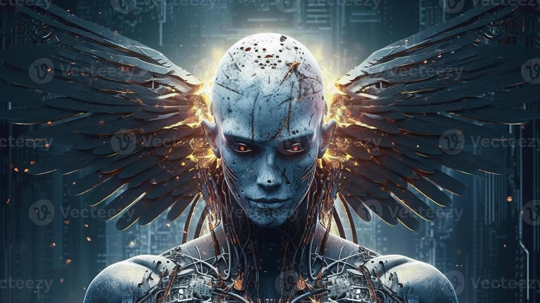 Cyborg on digital background represent artificial intelligence. photo