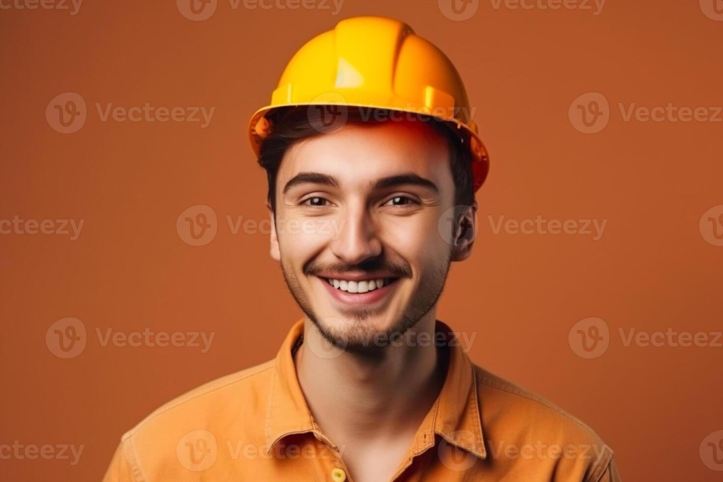 ai generativo retrato de un joven trabajador en un casco de seguridad foto