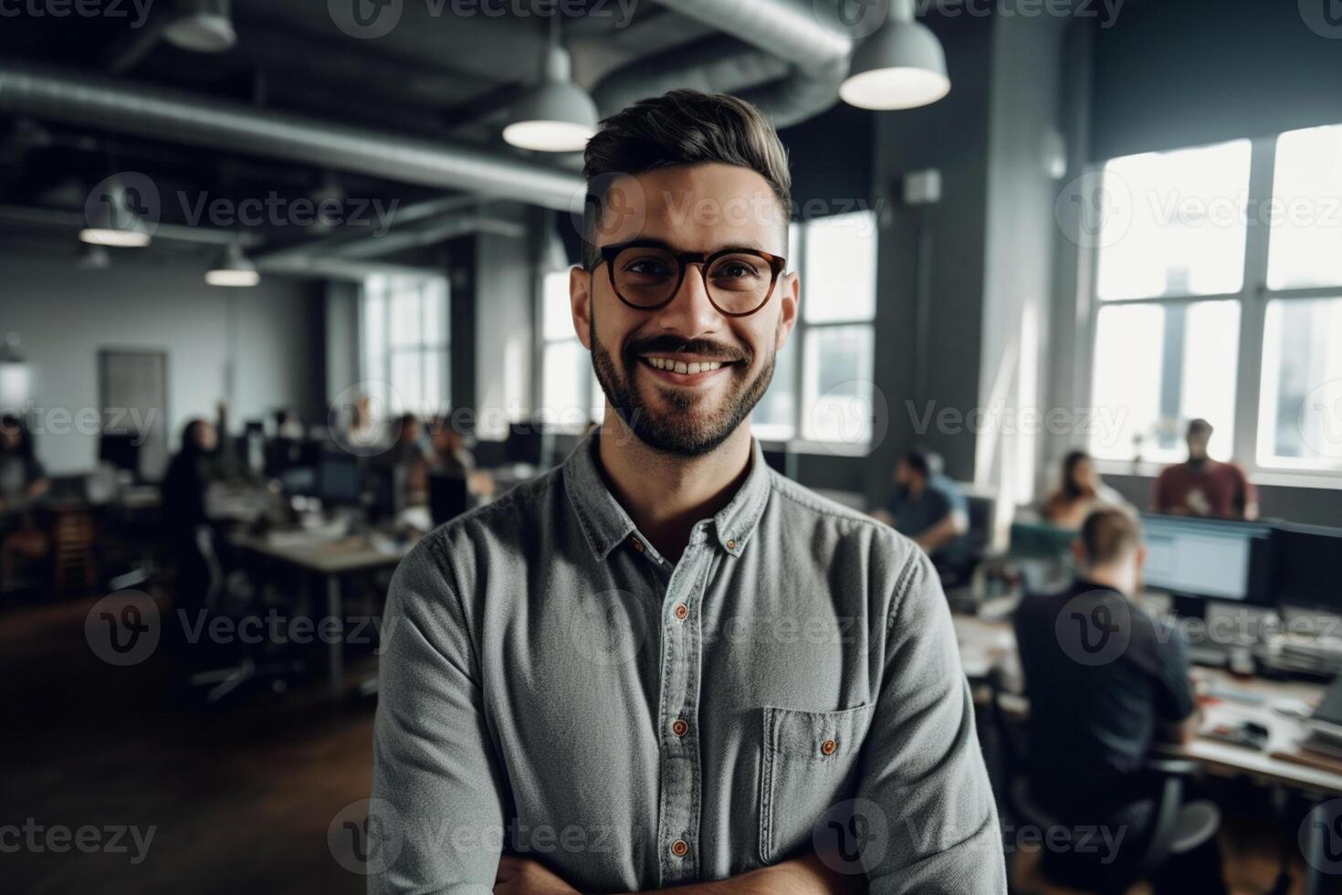 Portrait of smiling businessman standing with arms crossed in creative office. photo