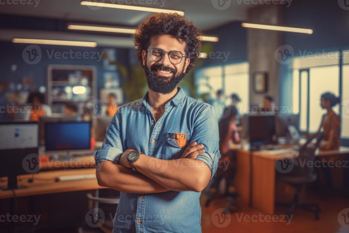 Portrait of smiling businessman standing with arms crossed in creative office. photo