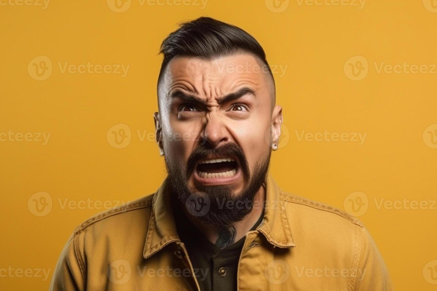 a man on solid color background photoshoot with Fear face expression photo