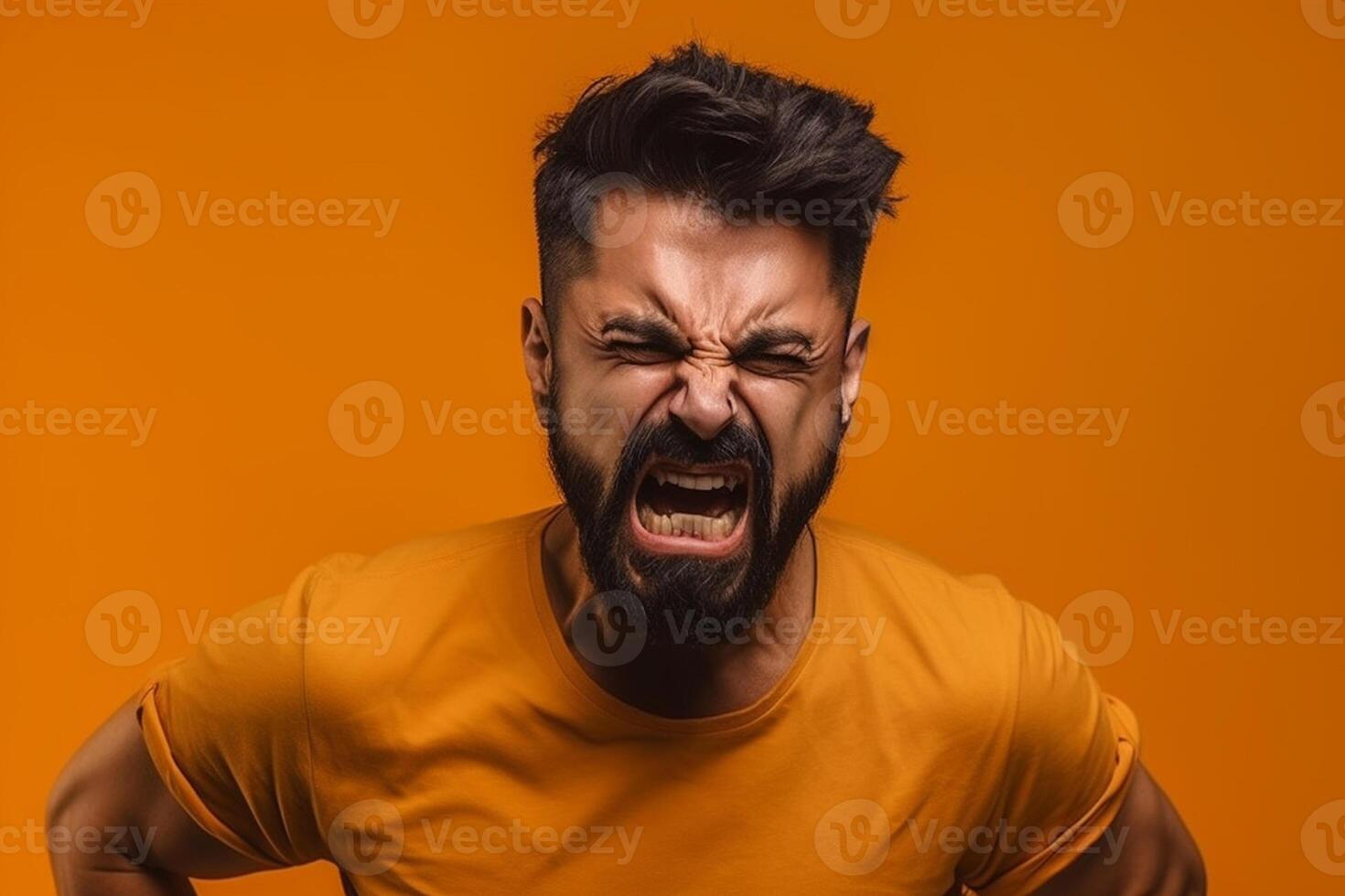 a man on solid color background photoshoot with Anger face experession photo