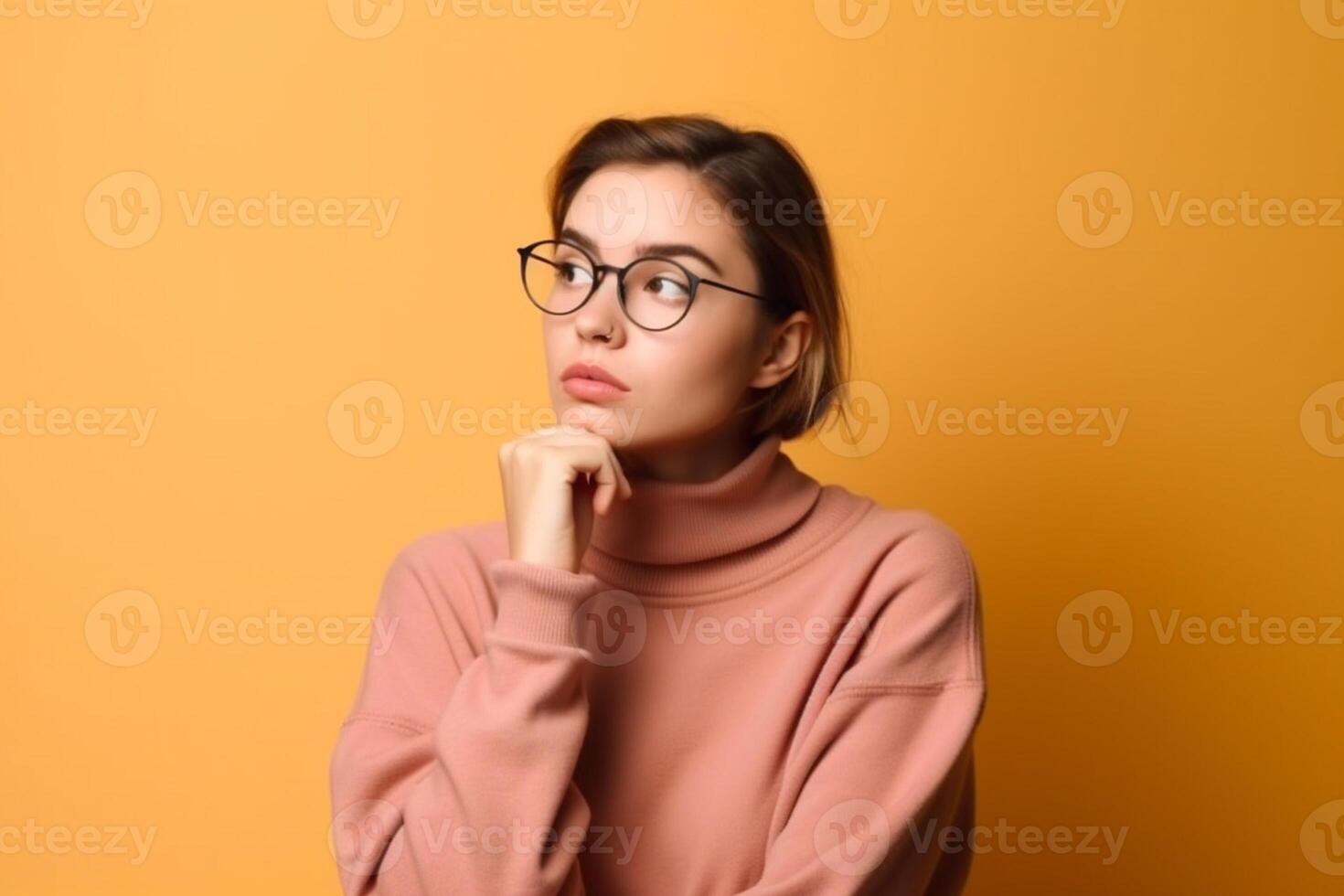 a Young woman thinking an idea while looking up photo