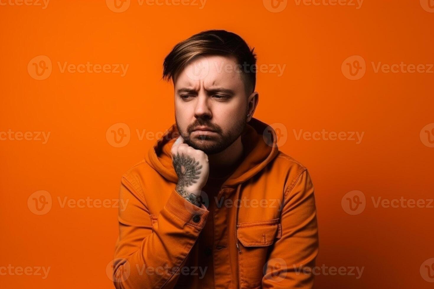 a man on solid color background photoshoot with Fear face expression photo