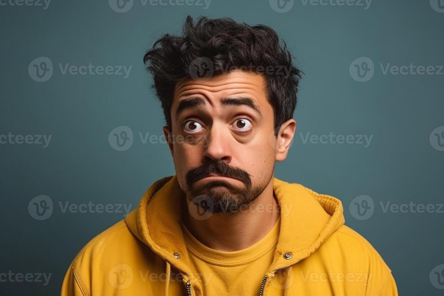 a man on solid color background photoshoot with Disgust face experession photo