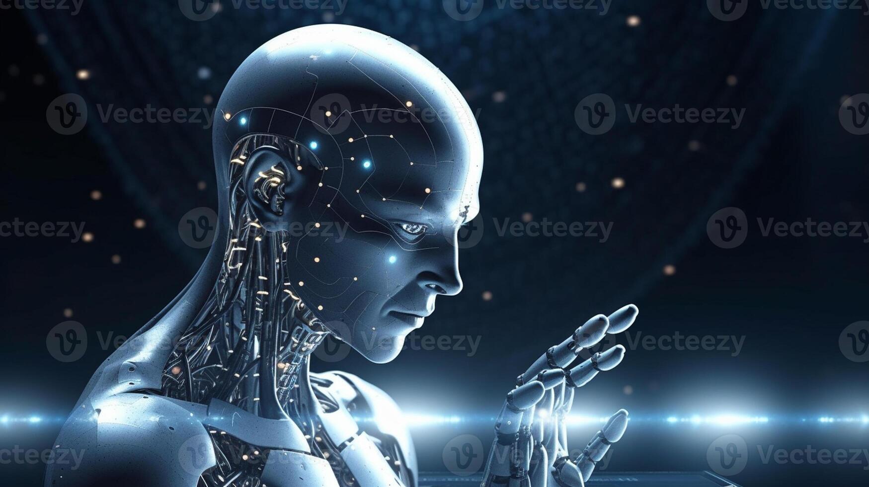 Cyborg on digital background represent artificial intelligence. photo