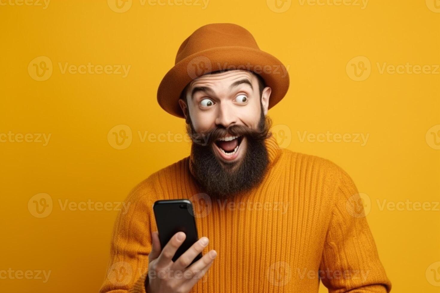 A man with a surprised expression is holding a phone in his hands. photo