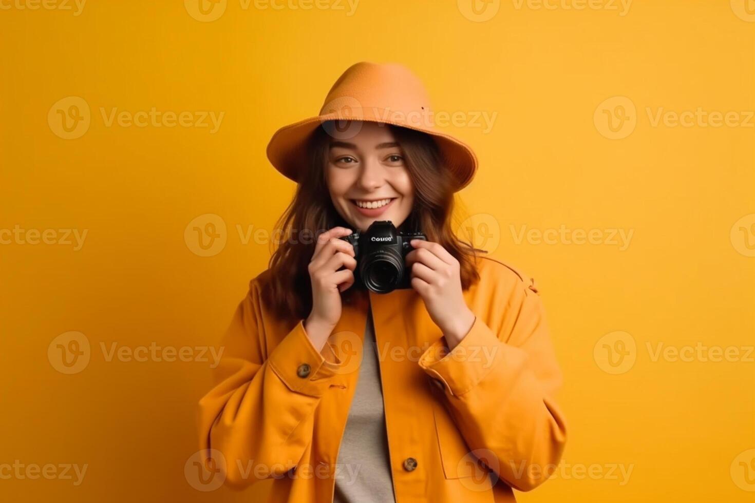 Young beautiful girl in a yellow coat and orange hat with a camera on a yellow background photo