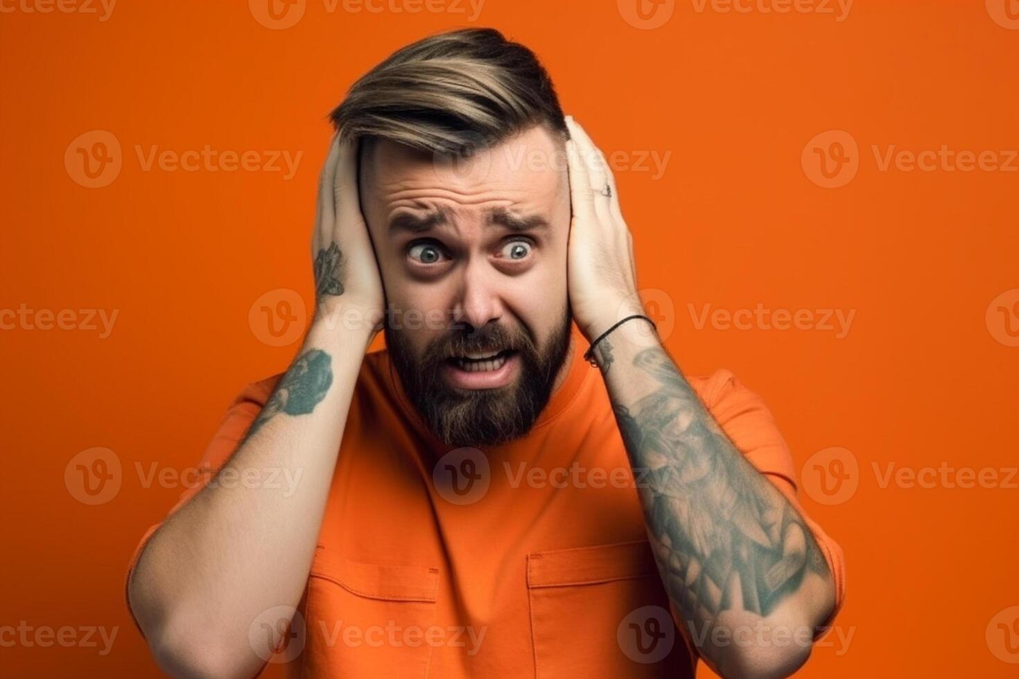 a man on solid color background photoshoot with Fear face expression photo
