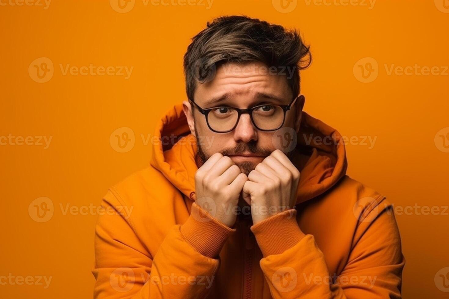 a man on solid color background photoshoot with Fear face expression photo