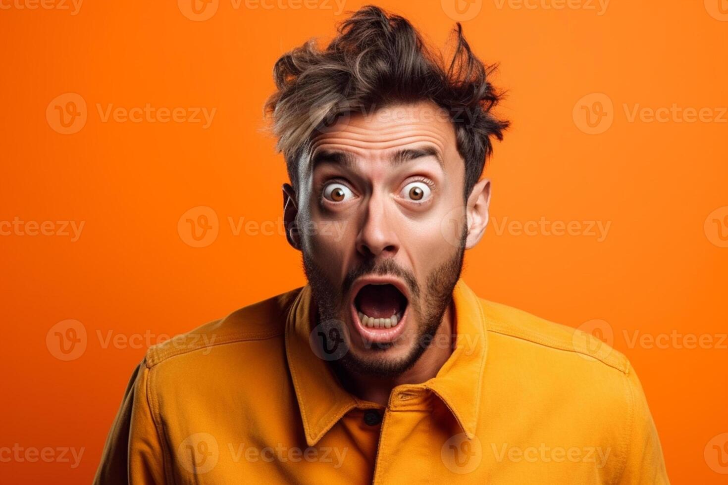 a man on solid color background photoshoot with Fear face expression photo