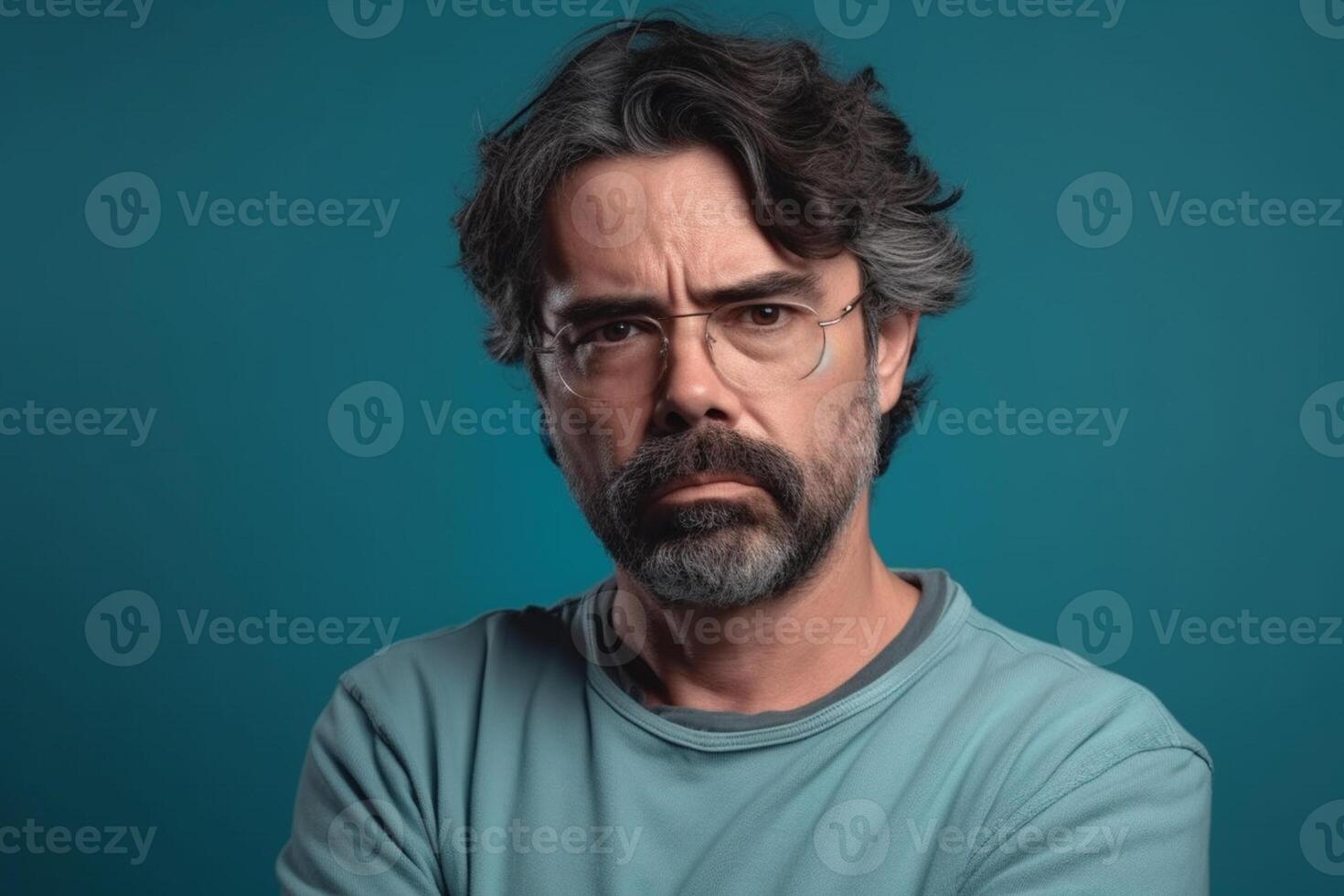 a man on solid color background photoshoot with Disgust face experession photo