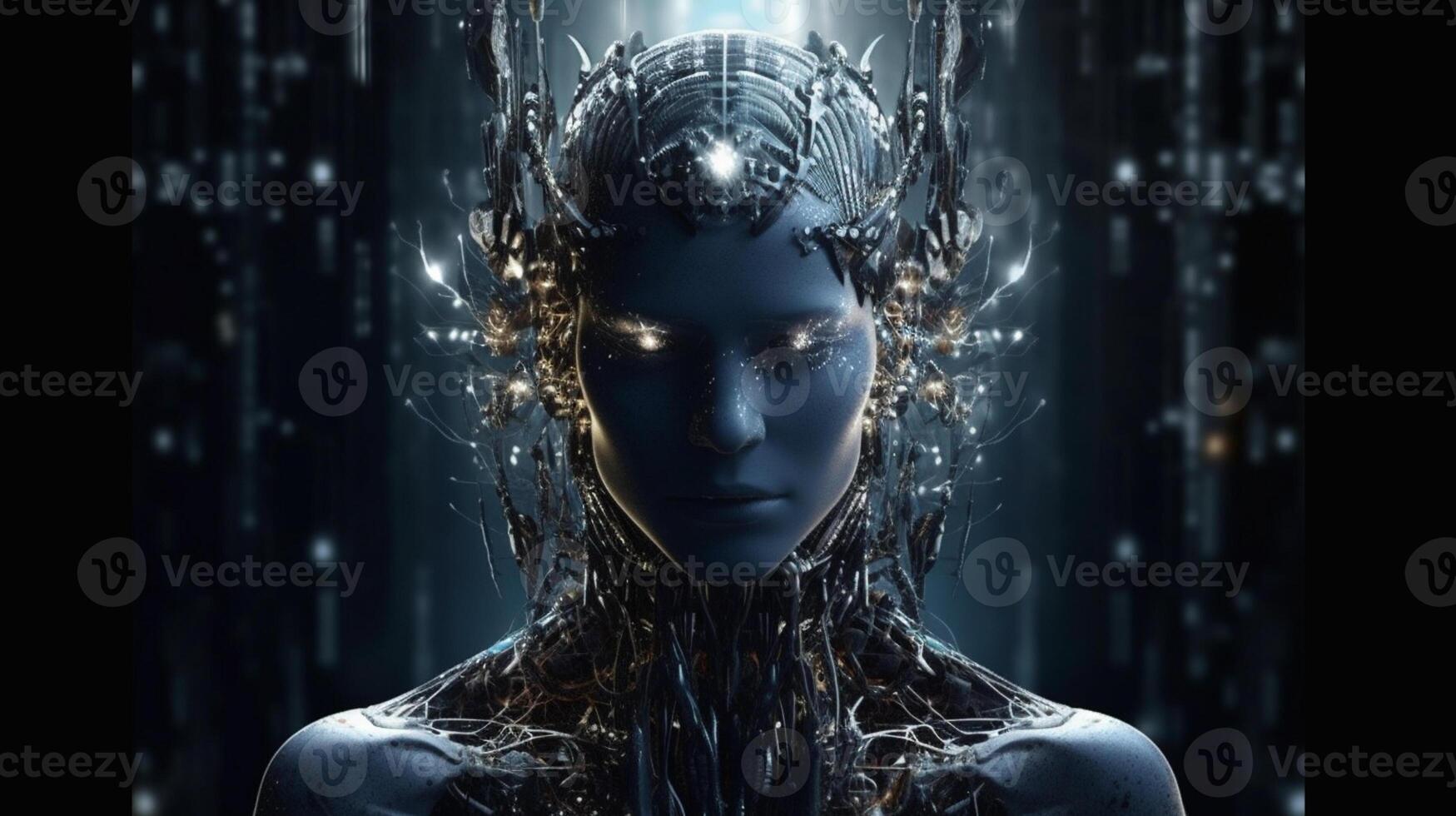 Cyborg on digital background represent artificial intelligence. photo