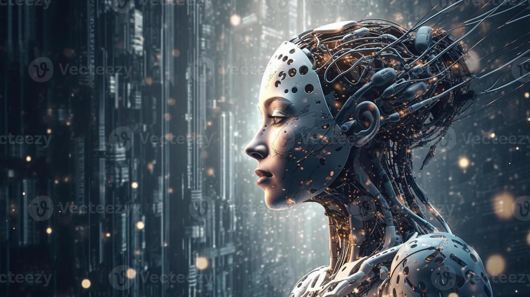 Cyborg on digital background represent artificial intelligence. photo