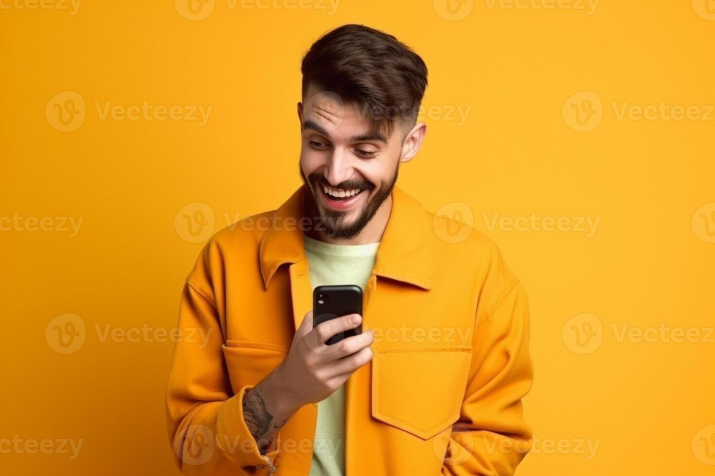 A man with a surprised expression is holding a phone in his hands. photo